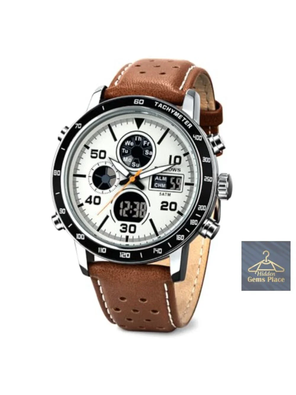 Men's Multifunction Sport Casual Analog-Digital Watch with Perforated Leather